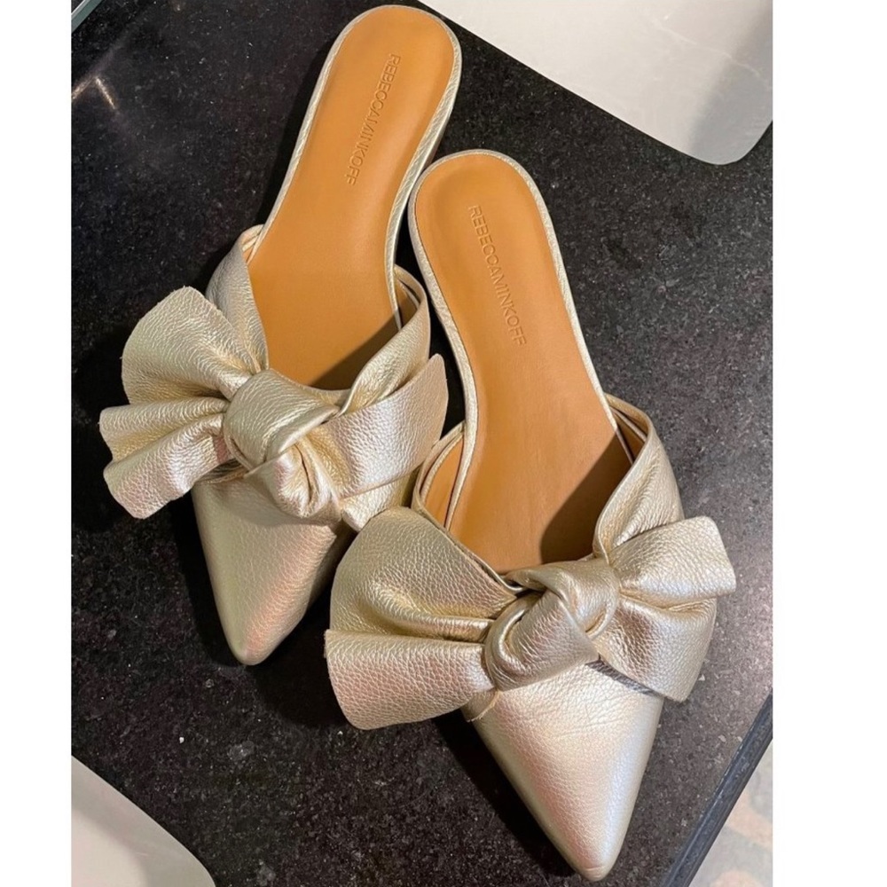 Rebecca Minkoff gold bow mules